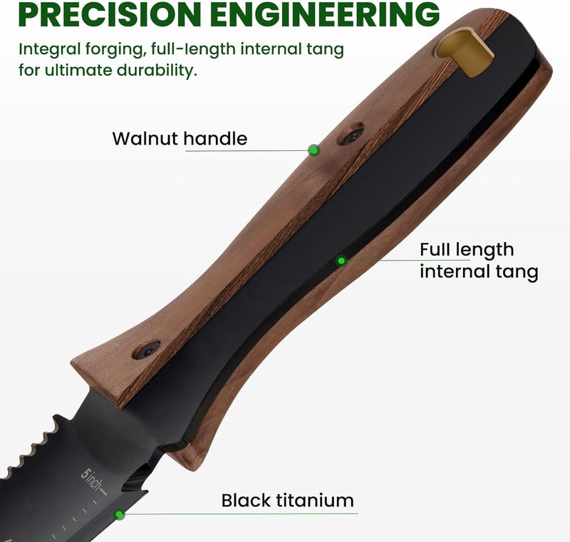 PERWIN Hori Hori Garden Knife, Garden Tools with Sheath, 6" Stainless Steel Blade with Cutting Edge, Full-Tang Walnut Ergonomic Wood Handle with Hanging Hole, Weeding, Planting, Digging - Image 5
